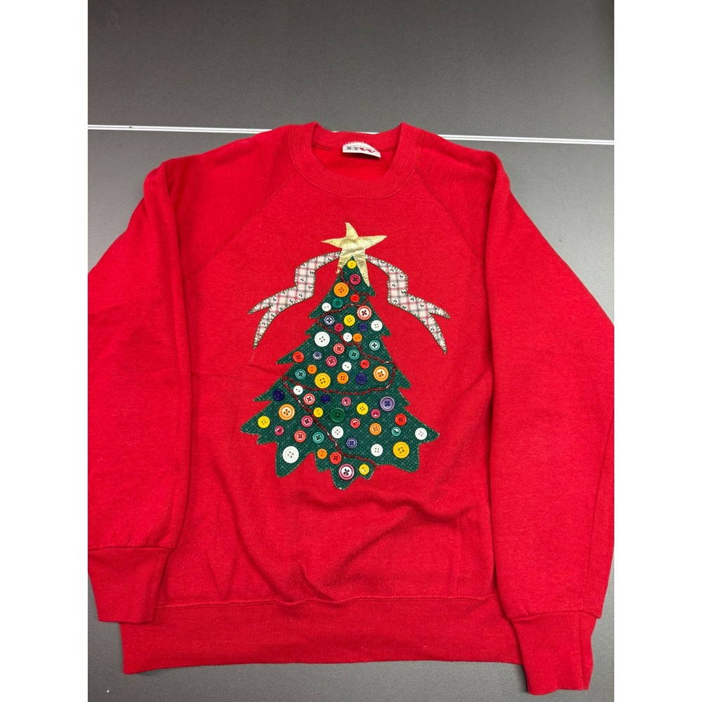 Vintage Bassett-Walker Christmas Tree Button Sweatshirt Red‎ Raglan Pullover XL